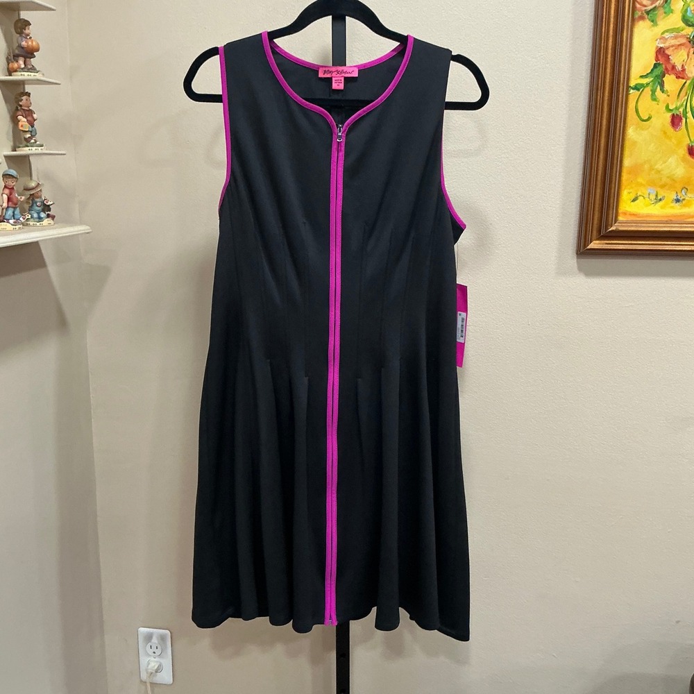 Betsey Johnson Skater Dress 14 Black Pink Zip Front Fit Flare Sleeveless 2010s
